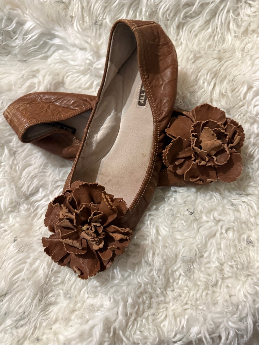 All Black Brown Leather Floral Toe Ballet Flats